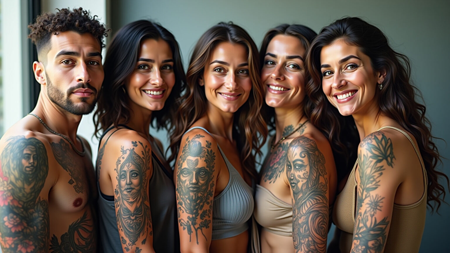 Pessoas diversas exibindo tatuagens artísticas em estilos modernos e vibrantes.